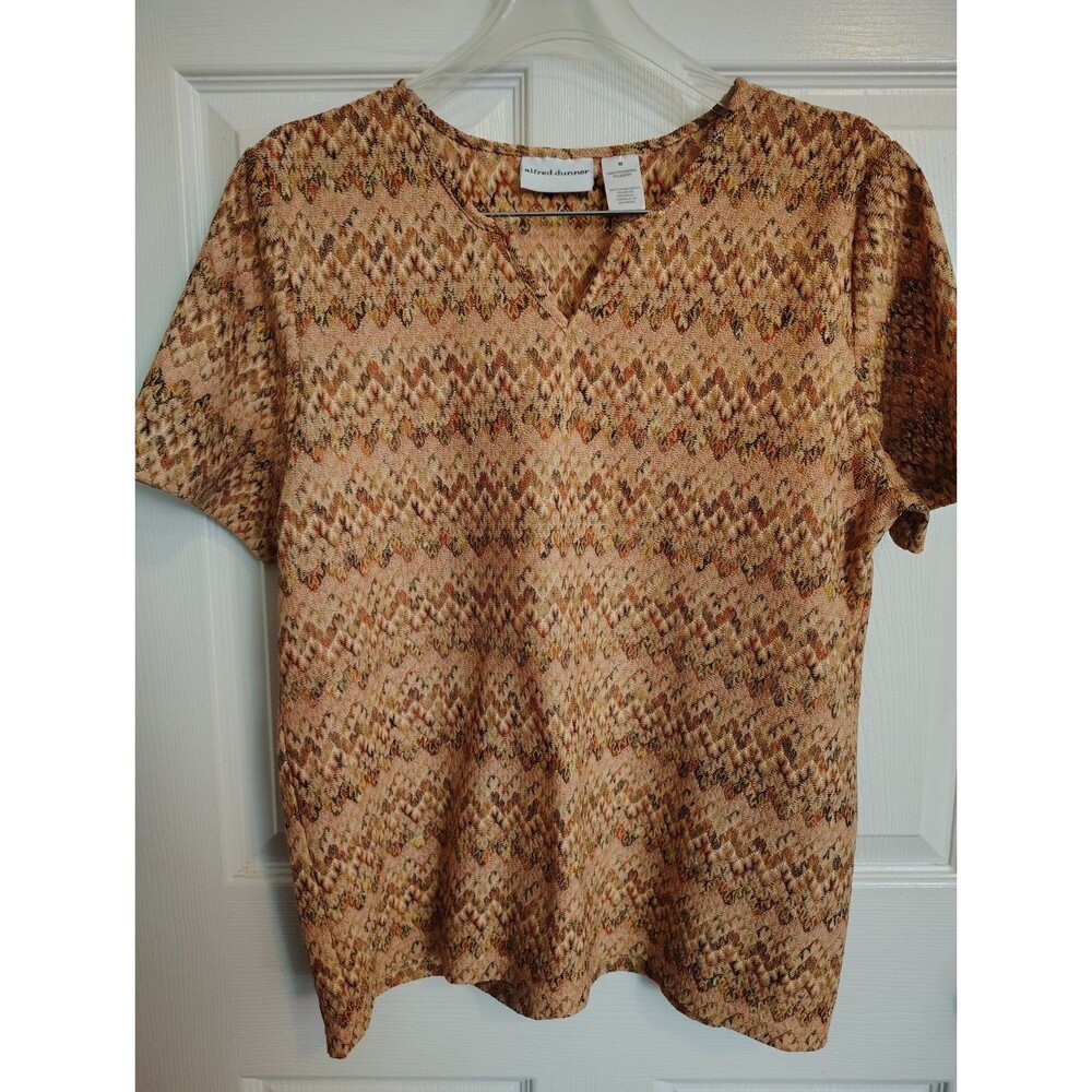 Alfred Dunner Women’s M Brown Beige Orange Geometric V-Neck Short Sleeve Top